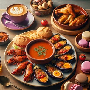 Un plato de salmorejo, otro plato de berenjenas rellenas, otro plato de alitas de pollo, y macarons